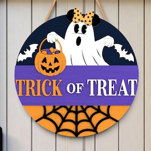 Cute Halloween Ghost Door Sign SVG | Trick or Treat Wooden Sign Laser Cut File for Glowforge Cricut Silhouette