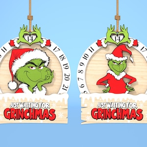 Ornamento del conto alla rovescia di Grinchmas Svg, Ornamento di Natale tagliato al laser Svg, Ornamento del calendario di Natale Svg, Giorni fino a Natale Svg, File Glowforge