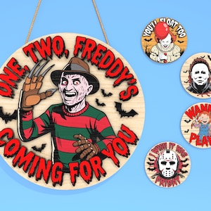 Halloween Horror Door Sign SVG Bundle, Creepy Masked Villain Laser Cut Files, Bloody Round Sign with Scary Quotes, Spooky Movie Decor SVG