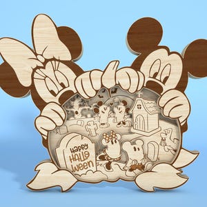 3D Multilayer Happy Halloween Laser Cut Datei SVG, Cartoon Halloween Maus Standing Layer Holzschild Holzschild, Halloween Dekor svg, Glowforge svg Datei