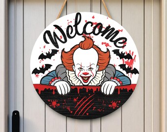 Horror Clown Welcome Sign SVG, Halloween Door Hanger Laser Cut File, Spooky Wall Decor for Glowforge Cricut Silhouette