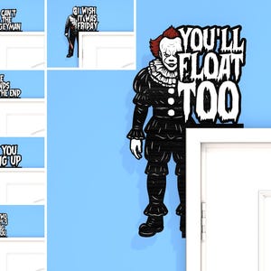 Op de afbeelding: Zwarte en witte houten Halloween-decoraties met iconische horrorfilmkarakters. Elk stuk heeft een silhouet van een personage en een citaat, waaronder "You'll Float Too" en "One Two Freddy's Coming For You."