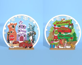 Cartoon Weihnachten stehen Laser Cut Datei svg, Merry Grinchmas Layer Cut Datei, lustige Weihnachten Holzschild svg, Weihnachtsdekor, Glowforge-Datei