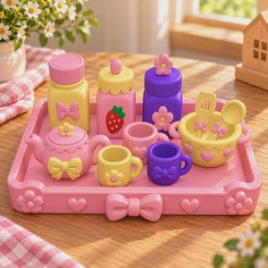 Set de juego sensorial en tonos pastel STL, juego de simulación de fiesta de té con flores y lazos, juguetes para verter y recoger, descarga digital STL 3MF para impresión 3D