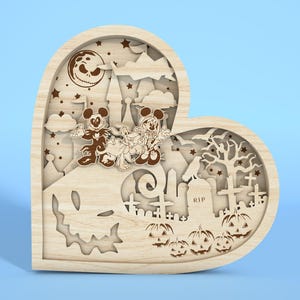 Letrero de madera de Halloween con forma de corazón de ratón, Svg de pareja de ratones, Svg de dibujos animados de Halloween de varias capas, decoración de Halloween, archivo Svg de Glowforge
