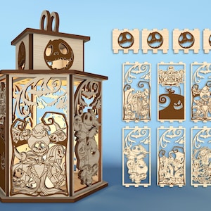 May include: A wooden lantern featuring laser-cut designs of characters and scenes from "The Nightmare Before Christmas." The lantern has a pumpkin face on top and interchangeable panels with various character illustrations. The words "Welcome to Nightmare" are visible on one panel.