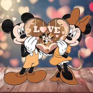 3D Multilayer Happy Valentine's Day Couple Mouse Standing Svg, Wooden Heart Shape, Love Lasercut File Svg, Cartoon Character Home Decor Svg