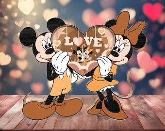 3D Multilayer Happy Valentine's Day Couple Mouse Standing Svg, Wooden Heart Shape, Love Lasercut File Svg, Cartoon Character Home Decor Svg