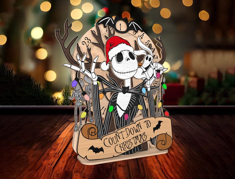 May include: A wooden Christmas countdown ornament featuring Jack Skellington from The Nightmare Before Christmas wearing a Santa hat and holding a Zero figure. The ornament has a scroll with the text "Count Down to Christmas".