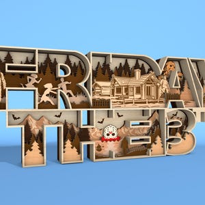 May include: A wooden layered art piece spelling out "FRIDAY THE 13TH" with a light blue background. The artwork features scenes of a cabin, Jason Voorhees, running figures, mountains, trees, and bats. The piece is made of light and dark brown wood.