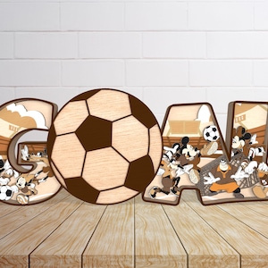 Meerlaagse voetbal doel staande Lasercut bestand Svg, cartoon voetbal honkbal decor Svg, sport bord met standaard Svg, houten sport decor, Glowforge