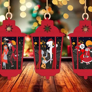 Merry Christmas Loving Cartoon Character Lantern Ornament Svg, Santa Claus Skeleton Lasercut File Svg, Wooden Christmas Skeleton Family Svg