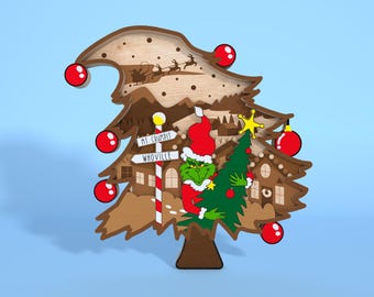 Merry Christmas Standing Layer Holzschild svg, Grinchmas Baum Holzschild, Multilayer Weihnachten Laser Cut Datei svg, Weihnachtsdekor, Glowforge-Datei