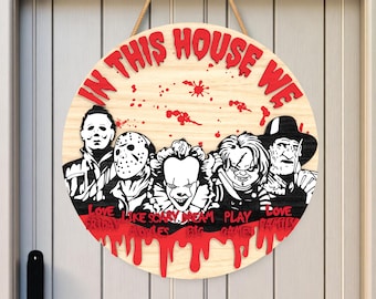 Letrero de madera familiar de terror SVG / Archivo de corte láser de Halloween espeluznante / Decoración de puerta divertida y espeluznante para proyectos Glowforge