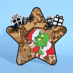 Christmas Star Standing Layer Wood Sign Svg,Grinchmas Layer Cut File, Multilayer Cartoon Christmas Svg,Christmas Decor ,Glowforge Svg File