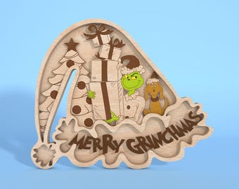 Merry Grinchmas Standing Layer Holzschild SVG, Multilayer Weihnachten Laser Cut Datei svg, Grinchmas Hat Holzschild, Weihnachtsdekoration, Glowforge-Datei