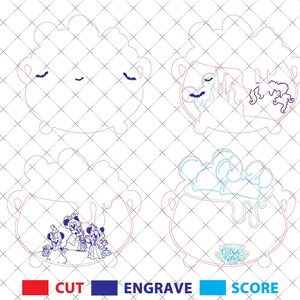 May include: Four cauldron designs with different Halloween-themed illustrations. The designs include bats, a spooky scene, cartoon characters, and bubbling potion. The image also includes the words "CUT", "ENGRAVE", and "SCORE" with color-coded instructions.