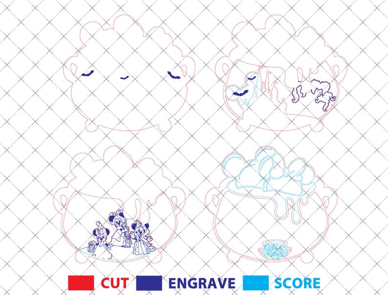 May include: Four cauldron designs with different Halloween-themed illustrations. The designs include bats, a spooky scene, cartoon characters, and bubbling potion. The image also includes the words "CUT", "ENGRAVE", and "SCORE" with color-coded instructions.