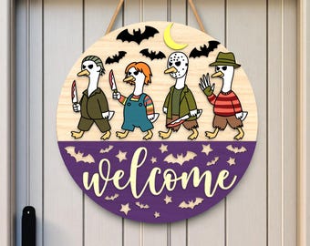 Funny Goose Halloween Welcome Sign SVG, Layered Laser Cut File for Cricut Glowforge Silhouette, Cute Spooky Farmhouse Door Decor