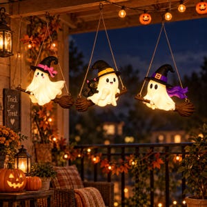 Peut inclure: Trois décorations d'Halloween suspendues représentant des fantômes blancs chevauchant des balais marron. Un fantôme porte un chapeau noir avec un nœud rose, un autre un chat noir et un chapeau jaune, et le troisième un chapeau noir avec une écharpe violette.