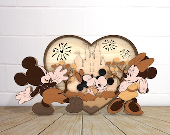 3D Multilayer Happy Valentine's Day Couple Mouse Standing Svg, Wooden Heart Shape, Heart Lasercut File Svg, Couple Cartoon Home Decor Svg