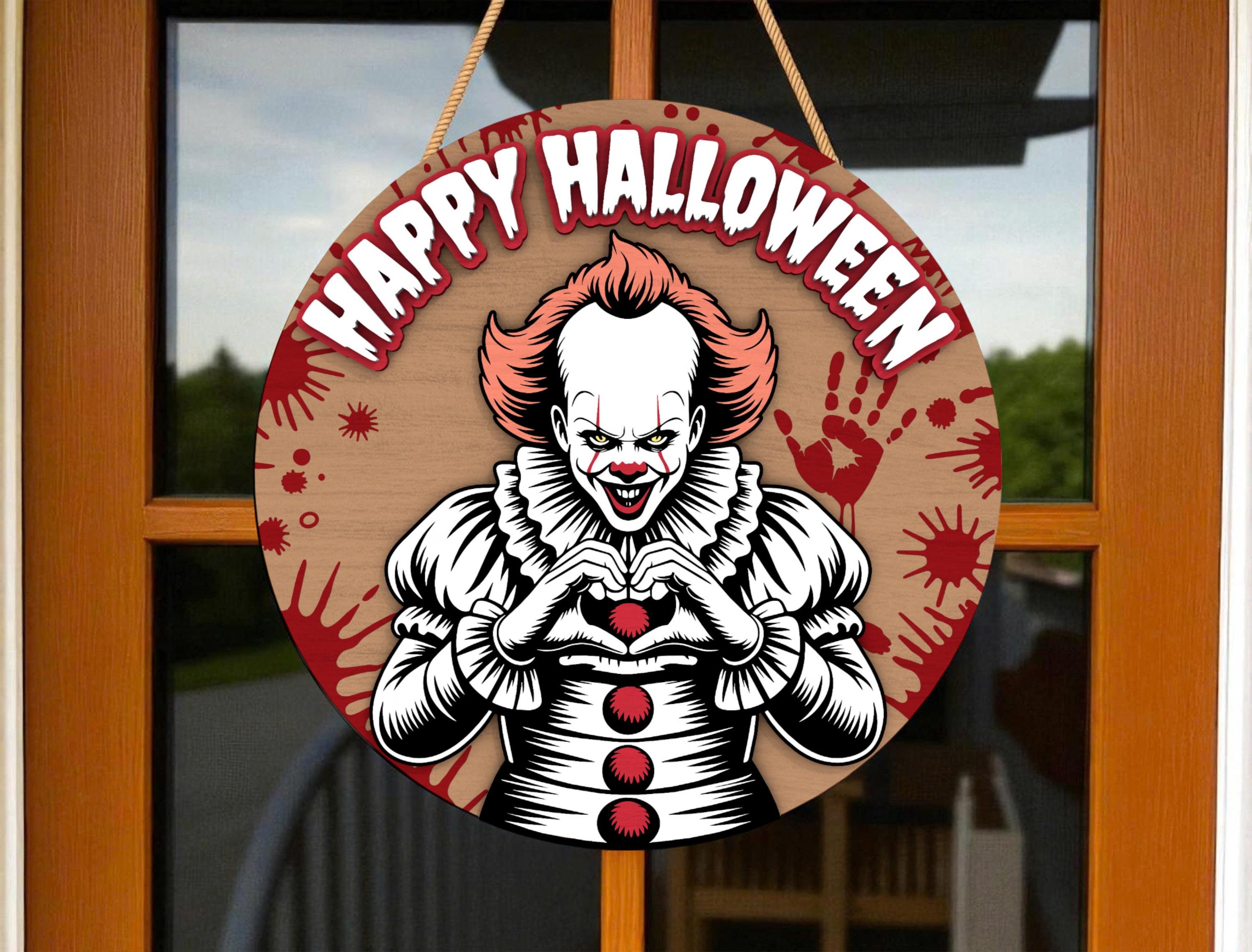 Creepy Clown Halloween SVG, Bloody Heart Hands Door Sign Laser Cut