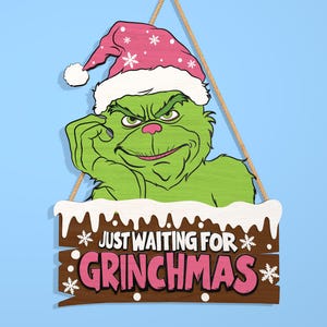Kerst cartoon deurhanger, Merry Christmas deur teken lasergesneden SVG, Grinchmas SVG, kerst welkomstbord, kerst decor, Glowforge-bestand