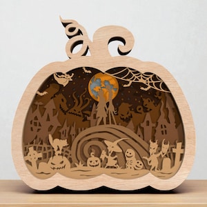 Pumpkin Layered Shadow Box SVG, Halloween 3mm Wood Cut File, Spooky Pumpkin Scene Laser Cut Decor for DIY Light Box Display
