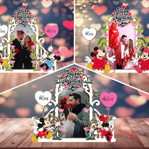 Personalized Happy Valentine's Day Photo Frame Standing Svg, Customize Couple Name Lasercut File Svg, Wooden Cartoon Mouse Picture Holder