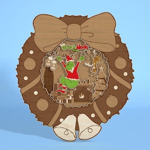 Christmas Wreath Standing Layer Wood Sign Svg,Multilayer Cartoon Christmas Svg,Grinchmas Layer Cut File,Christmas Decor ,Glowforge Svg File