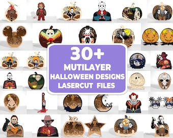 30+ Designs Halloween Laser Cut-Datei-Svg, Halloween-Shelf-Sitter-Svg, Schicht-Halloween-Schnitt-Datei-Svg, Horror-Charaktere-Svg, Halloween-Dekor-Svg