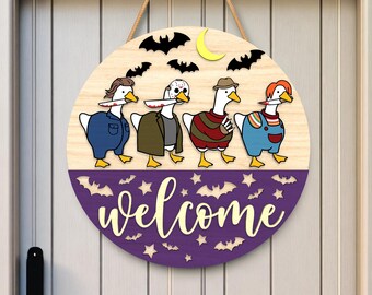Halloween Duck Welcome Sign SVG, Funny Goose Costume Laser Cut File, 3mm Wood Door Hanger Decor, Cute Spooky Farmhouse Door Decor