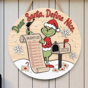 Colgante de puerta &quot;Querido Papá Noel&quot; SVG, divertido letrero navideño de madera, letrero redondo navideño cortado con láser, descarga digital para cortadoras láser