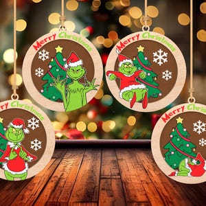 Ornement de panneau en bois de couche de Noël 3D, Svg d'ornement joyeux Grinchmas, fichier découpé au laser, ornement de personnages de Noël Svg, décoration de Noël