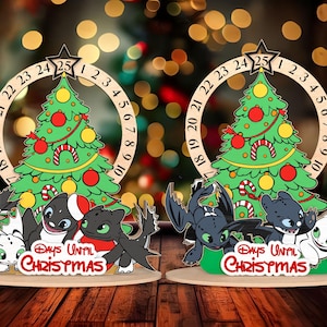Dragon Family Countdown Svg, Days Until Christmas Svg, houten stripfiguur Svg, Lasercut bestand Svg, Glowforge staande Svg, kerstcadeau