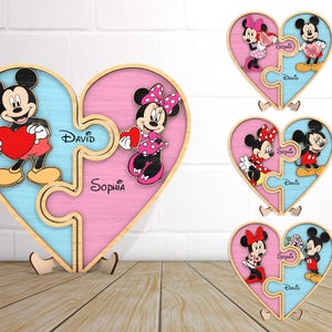 Personalized Happy Valentine's Day Couple Mouse Standing Svg, Wooden Love Heart Shape Puzzle Svg, Cartoon Character Home Decor, Glowforge