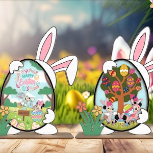 Multilayer Happy Easter Cartoon Charakter Stehend Dvg, Paar Maus Lasercut-Datei-Svg, Hölzerner Hase SVG, Urlaub Eiersuche Wohnkultur