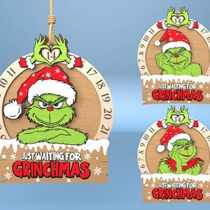 Adorno de calendario navideño Svg, Adorno de cuenta regresiva de Navidad cortado con láser Svg, Adorno de Grinchmas Svg, Días hasta Navidad Svg, Archivos Glowforge