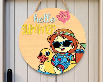 Söt sommardörrhängare SVG, rolig laserskuren fil för träskylt, lager av stranddekor SVG för Glowforge, Cricut, silhuett skärmaskiner