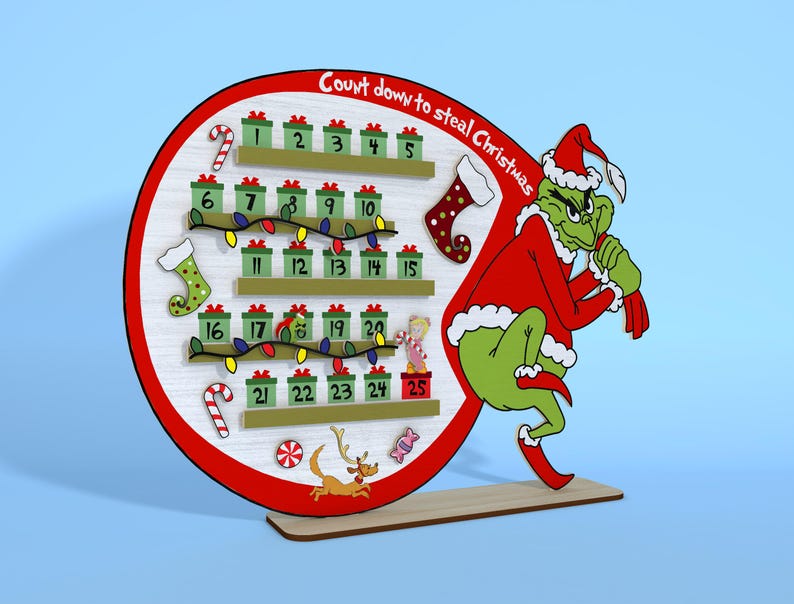 Puede incluir: Un calendario de adviento de madera rojo y verde con forma de c&iacute;rculo con una figura del Grinch sosteniendo una bolsa. El calendario tiene 25 puertas numeradas, cada una con una peque&ntilde;a imagen navide&ntilde;a. El texto "Count down to steal Christmas" est&aacute; escrito en la parte superior del calendario.