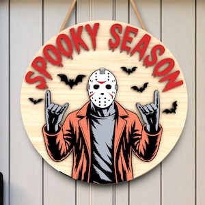 Spooky Season Halloween Door Sign SVG, Horror Mask Man Wood Decor, Laser Cut File for Creepy Door Hanger Dxf SVG PDF