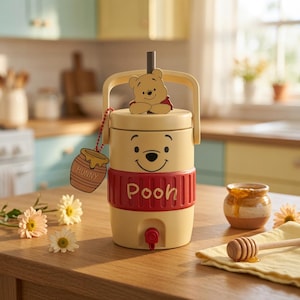 May include: A light yellow beverage dispenser featuring a Winnie the Pooh character on the lid, a red band with the text Pooh, and a small honey pot tag. The dispenser has a spigot at the base and a handle on top for carrying.