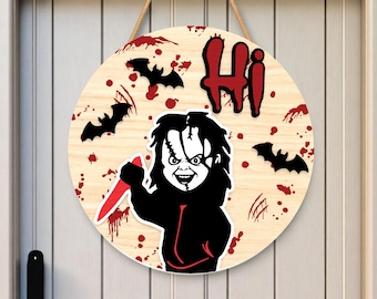 Letrero de puerta de Halloween sangriento y divertido SVG, archivo de corte láser en capas con cuchillo de terror, decoración colgante espeluznante y aterradora para Halloween
