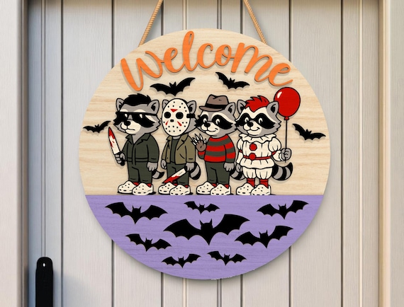 Welcome Halloween Raccoon Sign SVG, Cute Spooky Door Hanger Laser Cut File, Layered Wood Sign for Glowforge, Fall Decor Home