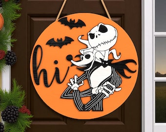 Fun Hi Welcome Round Sign Laser Cut File for Glowforge Cricut Silhouette, Cute Skeleton Halloween Door Sign SVG, Halloween decor