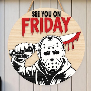 Scary Friday Round Door Sign SVG, Horror Laser Cut File for Wood , Halloween Wall Decor , Glowforge Creepy Layered Sign Design