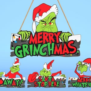 Cartello porta Merry Grinchmas file tagliato al laser Svg, cartello di benvenuto natalizio Svg, personaggi natalizi appendino porta Svg, Grinchmas Svg, decorazioni natalizie