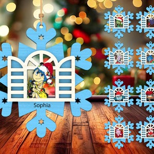 Merry Christmas Personalized Emotion Name Ornament Svg, Customize Cartoon Character Feeling, Wooden Xmas Light Snowflake Lasercut File Svg