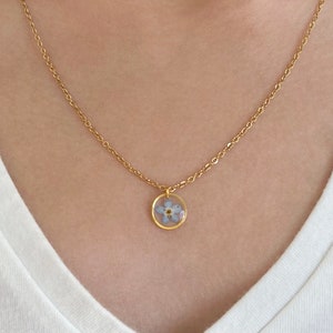 Dainty Forget Me Not Necklace, Real Pressed Flower, Minimalist Resin Jewelry, Round Pendant, 18 Inch Gold/Silver Stainless Steel Chain