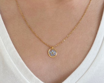 Dainty Forget Me Not Necklace, Real Pressed Flower, Minimalist Resin Jewelry, 10mm Round Pendant, 18 Inch Gold/Silver Stainless Steel Chain